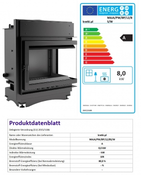 EEK A+ Wasserführender Eck-Kamineinsatz Kratki MAJA/PW/BP/12/BS/W Seitenscheibe rechts + BIMSCHV II