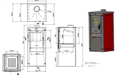 EEK A+ Kaminofen Okta M bordeaux - 3,9kW