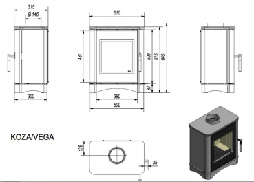 *EEK A - Kaminofen Kratki KOZA Vega mit Glasfront, RR 150 mm - 6 kW