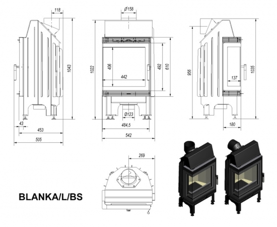 EEK A - Eck-Kamineinsatz Kratki BLANKA/L/BS Seitenscheibe links - 8 kW