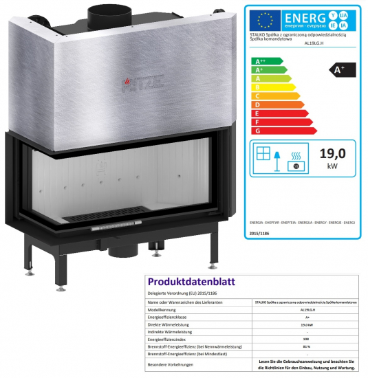 EEK A+ - ECK-Kamineinsatz Albero AL19LG.H DECO mit Schiebetür u. Seitenglas links -19kW