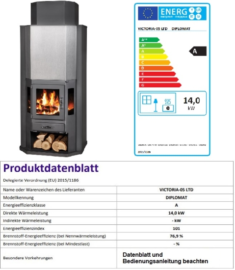 EEK A XXL-Kaminofen (185cm) Victoria Diplomat mit XXL-Brennraum schwarz– 14kW