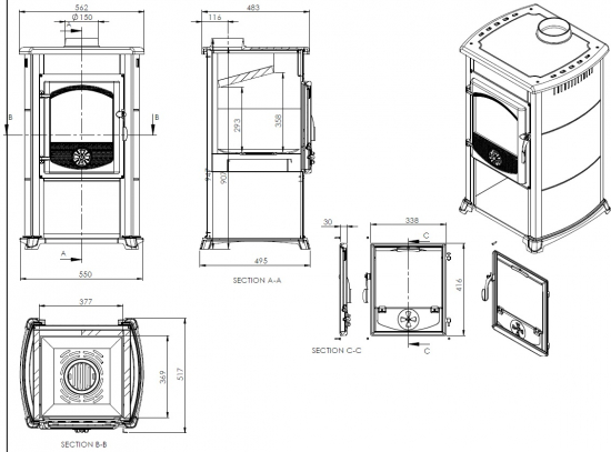 EEK A Kaminofen Grande bordeaux mit Herdplatte - 9,7kW