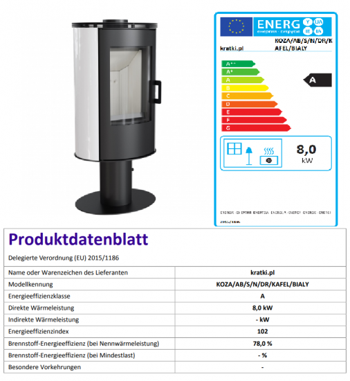 *EEK A - Kaminofen Kratki KOZA AB S N mit Standfuß und weißen Kacheln - 8 kW