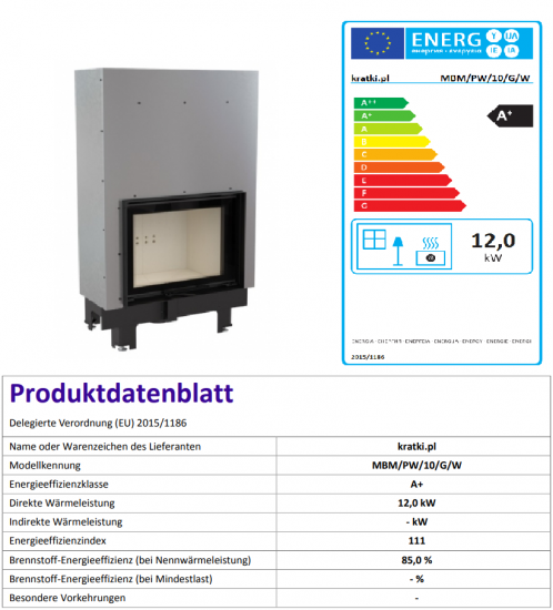 EEK A+ - Wasserführender Kamineinsatz Kratki MBM 10 PW mit Schiebetür - 12 kW