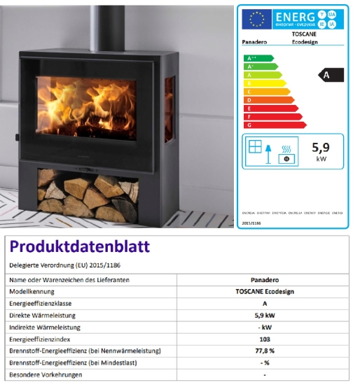 EEK A 3-Scheiben Kaminofen Panadero TOSCANE TRIVISION, - 5,9 kW ext. Zuluft