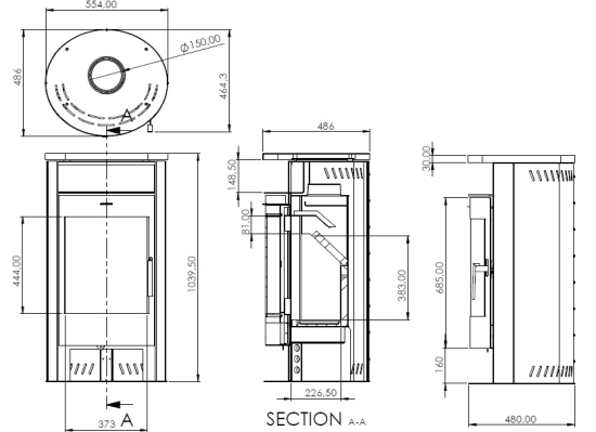 EEK A+ Runder Premium-Kaminofen TORONTO, schwarz - 6,3 kW