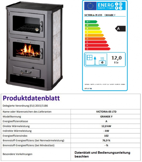 EEK A Kaminofen mit Backfach Victoria Grande F – 12kW