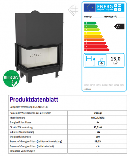 EEK A+ Eck-Kamineinsatz Kratki MBO/L/BS/G 15 Schiebetür, Seitenscheibe links - 15 kW