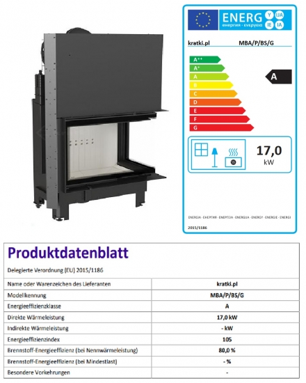 EEK A - Kamineinsatz Kratki MBA 17 mit Seitenscheibe rechts und Schiebetür - 17 kW