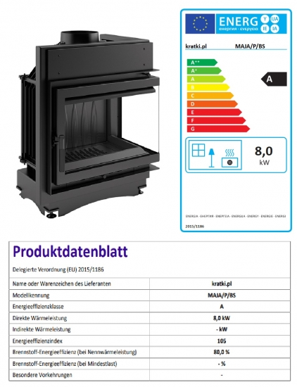 EEK A - Eck-Guss-Kamineinsatz Kratki MAJA/P/BS !RR150mm! mit Seitenglas rechts - 8kW + BIMSCHV II