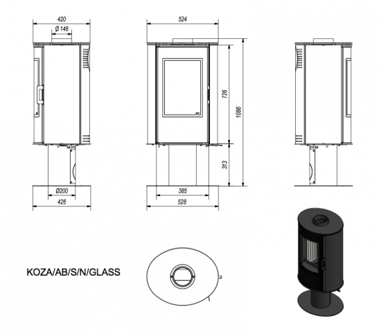 *EEK A - Kaminofen Kratki KOZA AB S N mit vollverglaster Front - 8 kW